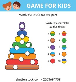 Game for the development of logic for children. Match the whole and the part by color. Pyramid.
Write the numbers in the circles. Vector illustration