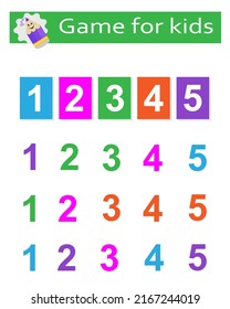 Game for the development of logic for preschool kids. Find a match by color number and card.   Preschool worksheet activity. Vector illustration.