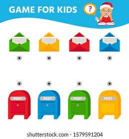 Game for the development of logical thinking of children. Christmas or New Year themed logic puzzle. Find a match  letter to santa and mailbox. Kids activity page for book. 