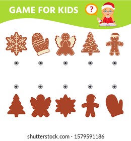 Game for the development of logical thinking of children.Christmas gingerbread cookies. Find a match. Kids activity page for book. Vector illustration