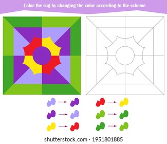 Spiel für die Entwicklung des logischen Denkens. Farbe des Teppichs durch Änderung der Farbe nach dem Muster
