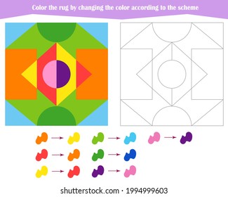 Game for the development of logical thinking. Color the rug by changing the color according to the sample