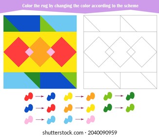 Game for the development of logical thinking. Color the rug by changing the color according to the sample