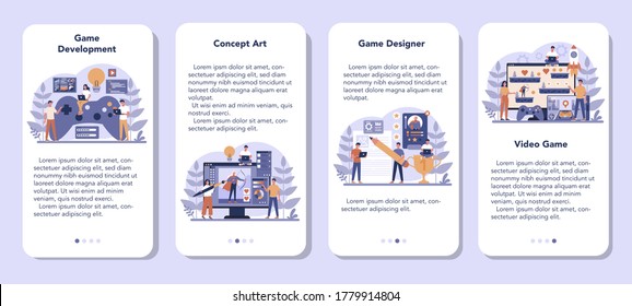 Game development mobile application banner set. Creative process of a computer video game design. Digital technology, programming and codding. Isolated flat vector illustration