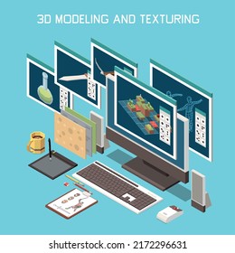 Game development and modeling isometric concept with texturing symbols vector illustration