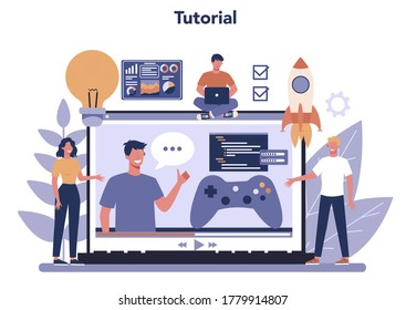 Game development online service or platform set. Creative process of a computer video game design. Digital technology, programming and codding. Online tutorial. Isolated flat vector illustration