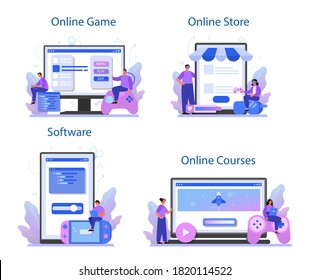 Game development online service or platform set. Creative process of a computer video game design. Online game, course, store, software. Isolated flat vector illustration