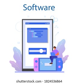 Game development online service or platform. Creative process of a computer video game design. Online software. Isolated flat vector illustration