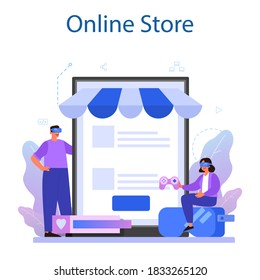 Desarrollo de juegos en línea o plataforma. Proceso creativo de un diseño de videojuegos por computadora. Tienda en línea. Ilustración vectorial plana aislada