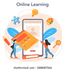 Game development online service or platform. Creative process of a computer video game design. Programming and codding. Online learning. Flat vector illustration