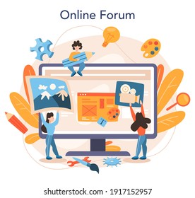 Game development online service or platform. Creative process of a computer video game design. Programming and codding. Online forum. Flat vector illustration