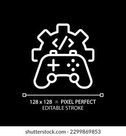 Game development pixel perfect white linear icon for dark theme. STEM integration in industry. Students teaching improvement. Thin line illustration. Isolated symbol for night mode. Editable stroke