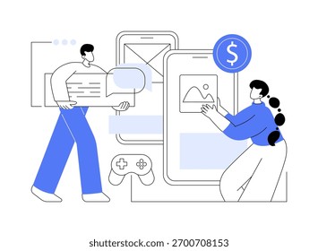 Ilustraciones vectoriales de dibujos animados aislados de planificación de desarrollo de juegos. Grupo de desarrolladores discutiendo juntos un nuevo proyecto, tecnología de TI, industria del juego, dibujos animados de Vector de lluvia de ideas en equipo.