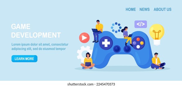Game development, playing online. Creative process of computer video game design. Digital technology, programming. Programmers coding digital game. UI UX developers working on entertainment project