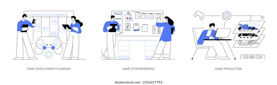 Juego de ilustraciones vectoriales abstractas del proceso de desarrollo de juegos. Diversos desarrolladores planifican juntos proyectos, dibujan el storyboard, la idea creativa, la producción, la metáfora abstracta de la industria del juego.