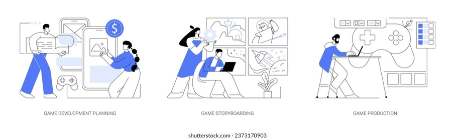 Game-Entwicklungsprozess einzeln Cartoon Vektorgrafiken Satz. Verschiedene Entwickler planen gemeinsam Projekt, zeichnen Storyboarding, kreative Idee, Produktion, Gaming Industrie Vektorgrafik.