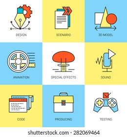 Game development process. Main parts. Fully editable vector icons