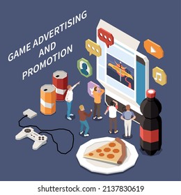 Game development and promotion isometric concept with advertising symbols vector illustration