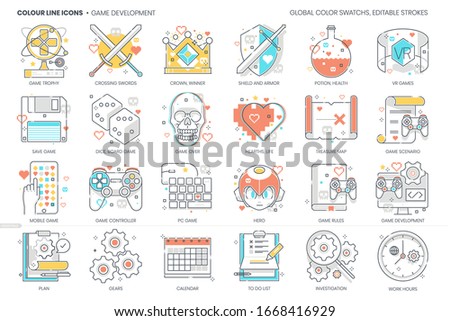 Game development related, color line, vector icon, illustration set. The set is about computer, virtual reality, board gaming, sprite, interface, mobile, coding, programming, console.