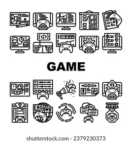 game development software icons set vector. computer screen, industry technology, office people, young code, program developer game development software black contour illustrations