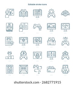 Icono de trazo de desarrollo de juego. Conjunto de iconos de línea de desarrollo de juegos. paquete de iconos de trazo editable