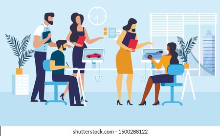 Game Development Team Flat Vector Illustration. Graphic Designers and Managers Cartoon Characters. Automobile Digital modeling Process. Colleagues working on Project Together. Video Game Development