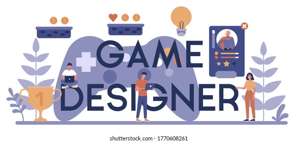 Game development typographic header concept. Creative process of a computer video game design. Digital technology, programming and codding. Isolated flat vector illustration