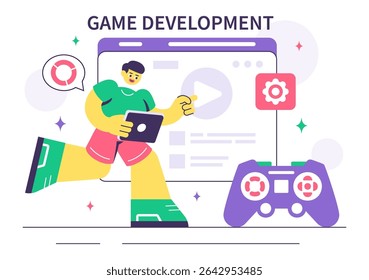 Game Development Vector Illustration Featuring Games, Digital Technology, Programming, and Coding for the Technical Aspects of Creating Video Games