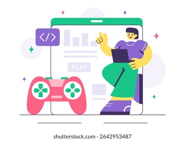 Game Development Vector Illustration Featuring Games, Digital Technology, Programming, and Coding for the Technical Aspects of Creating Video Games