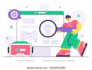 Game Development Vector Illustration Featuring Games, Digital Technology, Programming, and Coding for the Technical Aspects of Creating Video Games