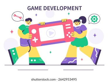 Game Development Vector Illustration Featuring Games, Digital Technology, Programming, and Coding for the Technical Aspects of Creating Video Games