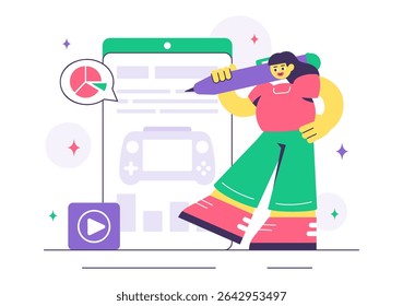 Game Development Vector Illustration Featuring Games, Digital Technology, Programming, and Coding for the Technical Aspects of Creating Video Games