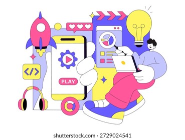 Game Development Vector Illustration Featuring Games, Digital Technology, Programming, and Coding for the Technical Aspects of Creating Video Games