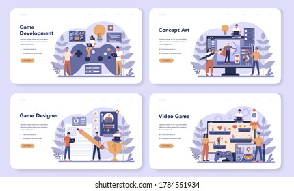 Banner web de desarrollo de juegos o página de inicio. Proceso creativo de un diseño de videojuegos por computadora. Tecnología digital, programación y codificación. Ilustración vectorial plana aislada