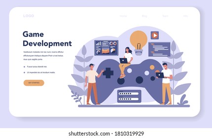 Game development web banner or landing page. Creative process of a computer video game design. Digital technology, programming and codding. Isolated flat vector illustration