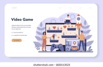 Game development web banner or landing page. Creative process of a computer video game design. Digital technology, programming and codding. Isolated flat vector illustration