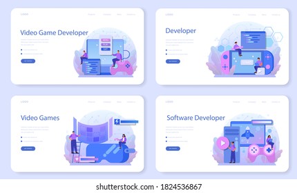 Game Development Web Banner Or Landing Page Set. Creative Process Of A Computer Video Game Design. Digital Technology, Programming And Codding. Isolated Flat Vector Illustration