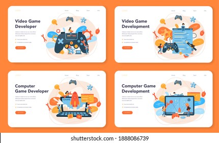 Game development web banner or landing page set. Creative process of a computer video game design. Digital technology, programming and codding. Isolated flat vector illustration