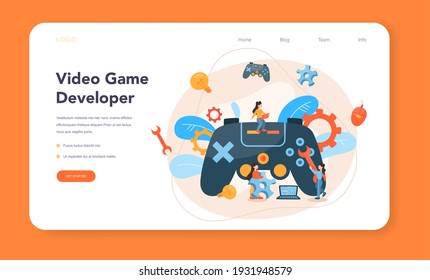 Game development web banner or landing page. Creative process of a computer video game design. Digital technology, programming and codding. Isolated flat vector illustration