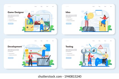 Game development web banner or landing page set. Creative process