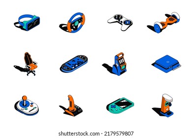 Game devices 3d isometric icons set. Pack elements of vr glasses, steering wheel, joystick, gamer chair, slot machine, controller, console and other. Vector illustration in modern isometry design