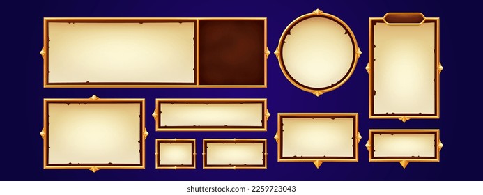 Game dialogue boxes, speech bubbles and frames for text. Banners with blank old paper and gold border in retro style, vector cartoon set isolated on background