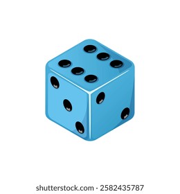 Game dice, blue dice with the number six side coming up. Dice cube icon isolated on white background.