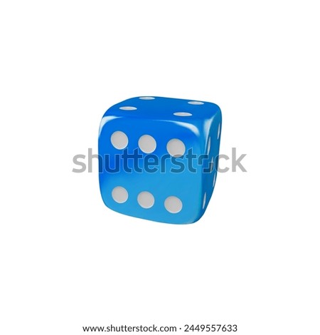 Game dice falling realistic 3d vector icon. Blue cube with white dots. Fortune symbol with six dots on front render illustration. Gambling games design, casino, craps and poker, tabletop or board game