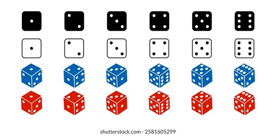 Game dice graphic icons set. Dice from one to six. Rolling dice. Simple dice shapes.