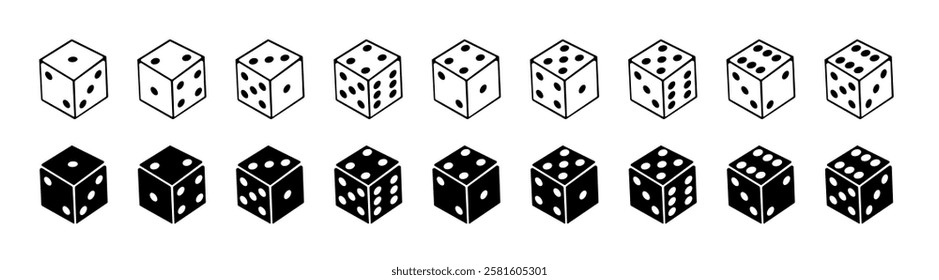 Game dice graphic icons set. Dice from one to six. Rolling dice. Simple dice shapes.