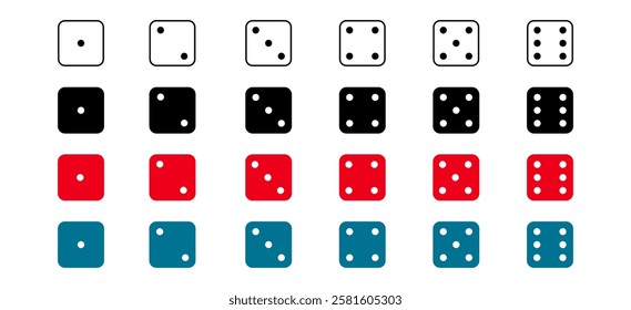 Game dice graphic icons set. Dice from one to six. Simple dice shapes.