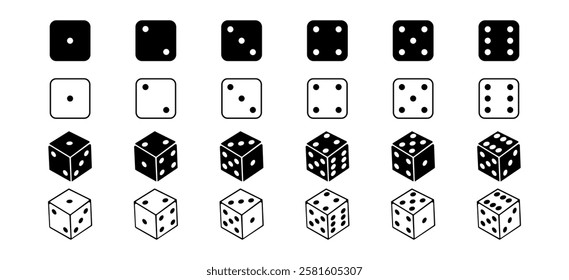 Game dice graphic icons set. Dice from one to six. Rolling dice. Simple dice shapes.