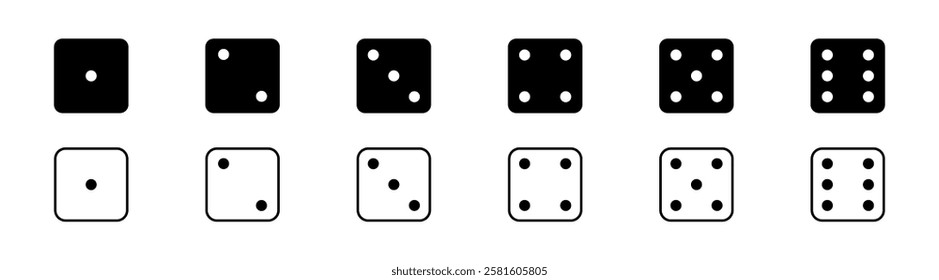 Game dice graphic icons set. Dice from one to six. Simple dice shapes.