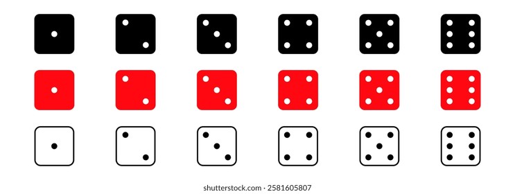 Game dice graphic icons set. Dice from one to six. Simple dice shapes.